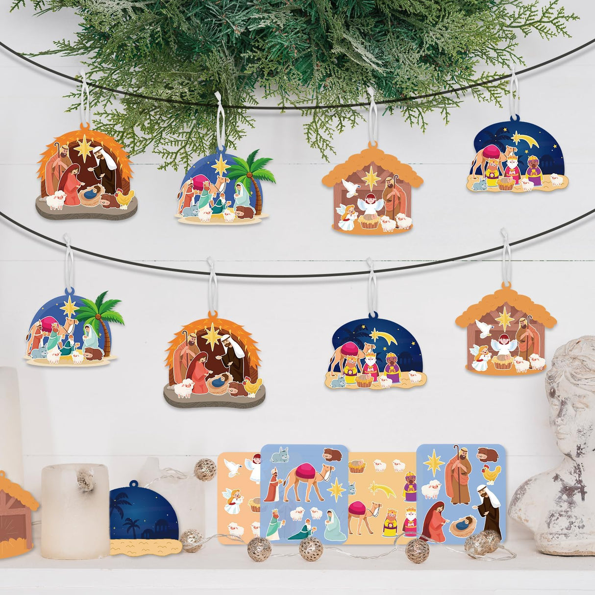 Christmas Nativity Ornament Crafts for Kids - 16 Pack Make Your Own Nativity Scene Ornament Kit with Nativity DIY Craft Stickers Cutouts for Kids Xmas Tree Holiday Classroom Art Activity Party Favors VABAMNA
