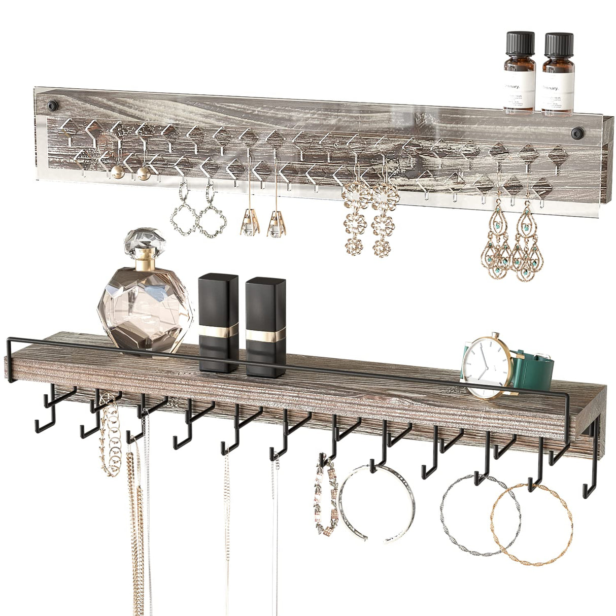 J JACKCUBE DESIGN Wall Mount Necklace Holder Jewelry Hanger with 23 Hook Necklace & Bracelet Racks, Rustic Farmhouse Wood Earring Display with Clear Acrylic - MK585A J JACKCUBE DESIGN