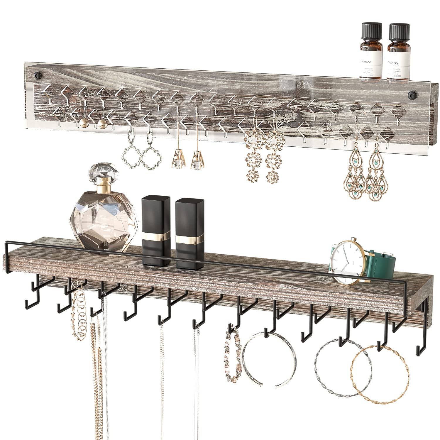 J JACKCUBE DESIGN Wall Mount Necklace Holder Jewelry Hanger with 23 Hook Necklace & Bracelet Racks, Rustic Farmhouse Wood Earring Display with Clear Acrylic - MK585A - WoodArtSupply