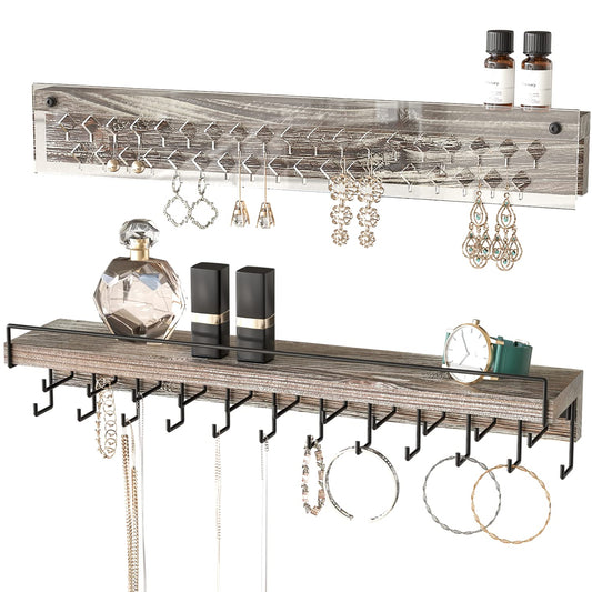 J JACKCUBE DESIGN Wall Mount Necklace Holder Jewelry Hanger with 23 Hook Necklace & Bracelet Racks, Rustic Farmhouse Wood Earring Display with Clear Acrylic - MK585A - WoodArtSupply