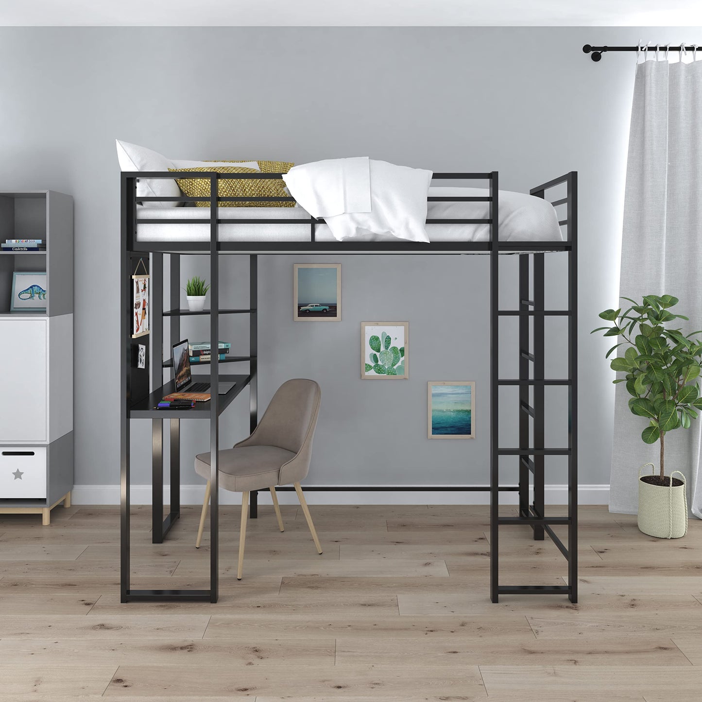 DHP Abode Space-Saving Twin Metal Loft Bed with Desk and Shelves - Black