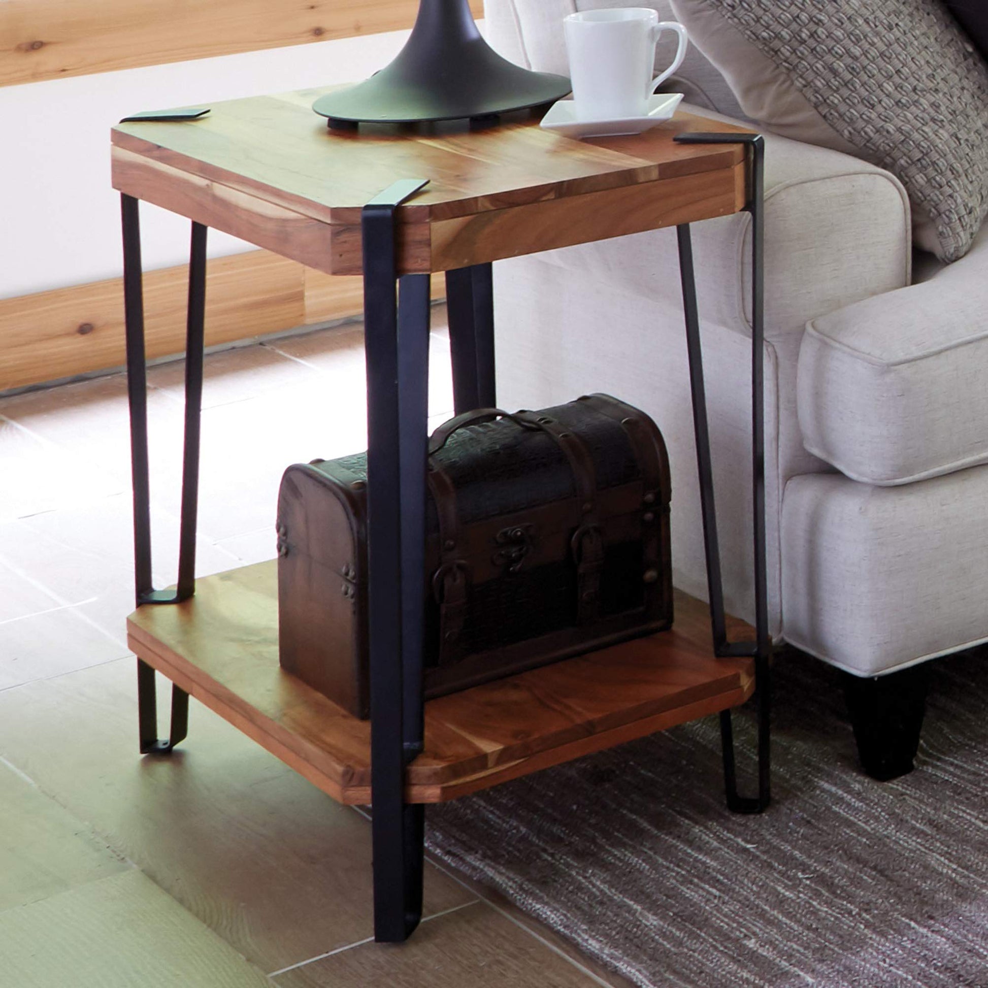 Alaterre Furniture Ryegate Natural Solid Wood with Metal End Table, Live Edge - WoodArtSupply