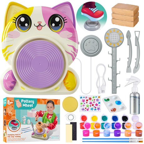 Roaxkois Pottery Wheel for Kids – Complete DIY Arts & Crafts Painting Kit with Air Dry Clay, Paints, Tools, Apron & Stickers – Creative Gift for Girls & Boys Ages 6 7 8 9 10 11 12+ Roaxkois
