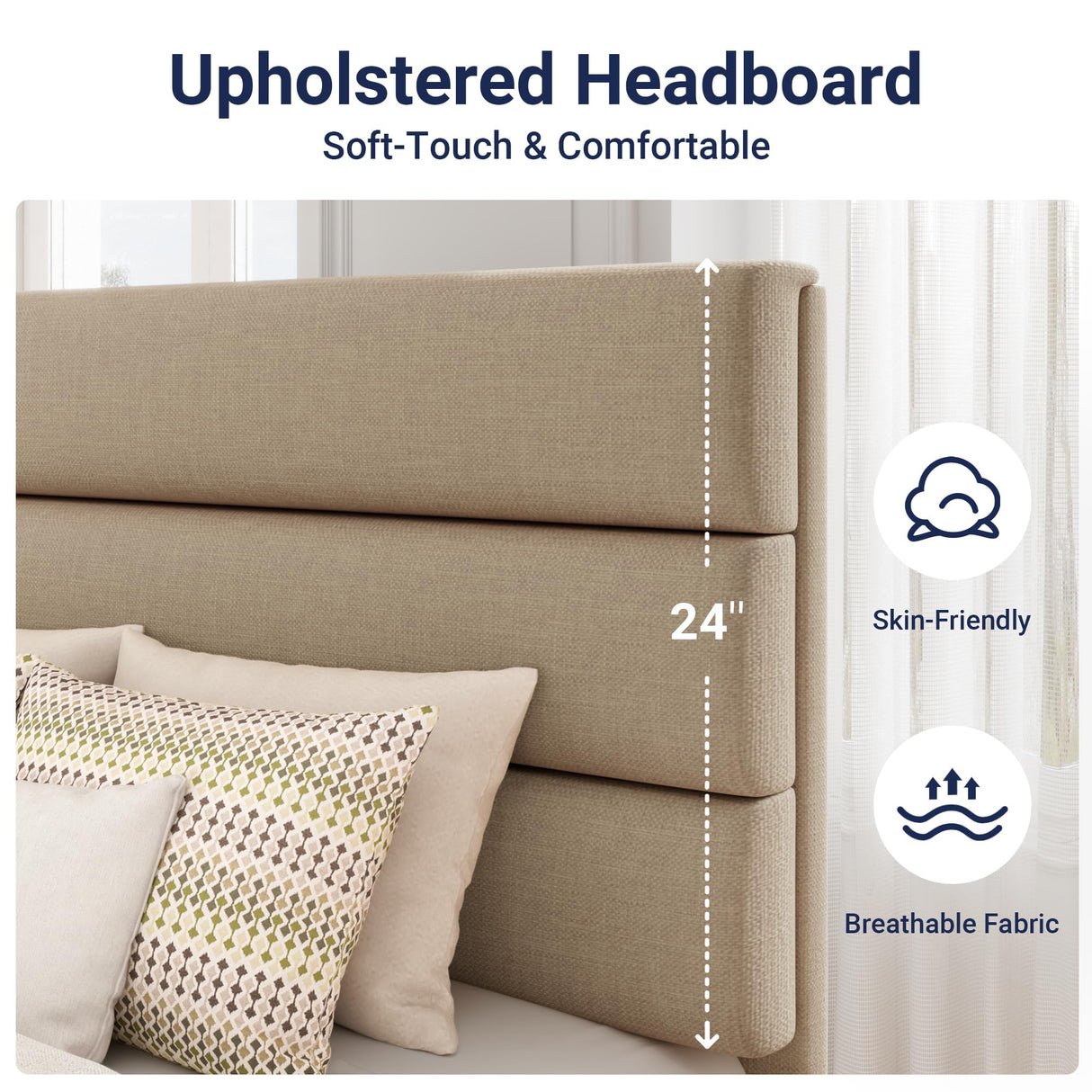 Allewie Twin Size Platform Bed Frame with Fabric Upholstered Headboard and Wooden Slats Support, Fully Upholstered Mattress Foundation/No Box Spring Needed/Easy Assembly, Beige Allewie