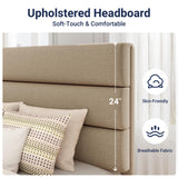 Allewie Twin Size Platform Bed Frame with Fabric Upholstered Headboard and Wooden Slats Support, Fully Upholstered Mattress Foundation/No Box Spring Needed/Easy Assembly, Beige Allewie