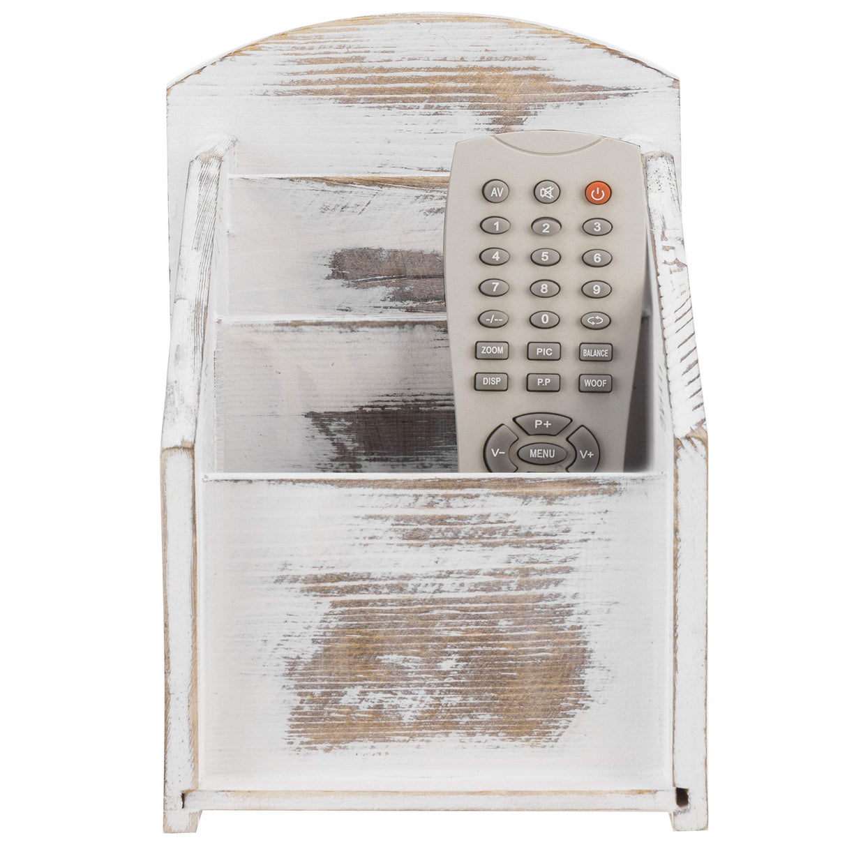 MyGift Whitewashed Wood Remote Control Holder Organizer Caddy with 3 Compartments, TV & Media Remote Storage Box for Living Room MyGift