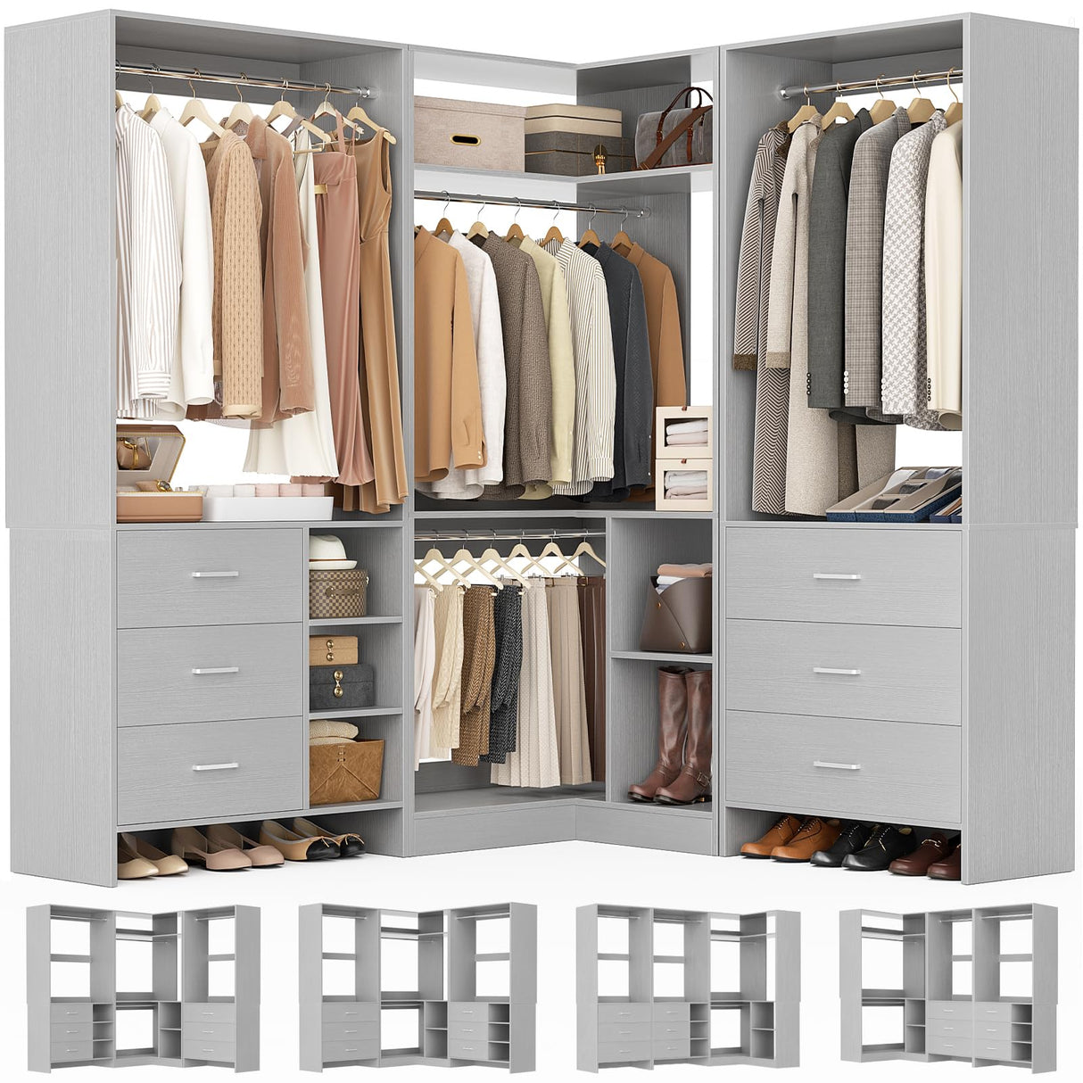 Aheaplus Closet System with 6 Drawers, 4 Hanging Rods & Corner Tower, Corner Closet System with Hanging, 86.8" L-Shaped Walk-In Wardrobe Organizer, 2000+ lbs Capacity, Set of 3, Grey Aheaplus