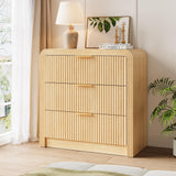 Fluted 3 Drawer Dresser, 31.8'' Tall Dresser for Bedroom, Modern Wood Chest of Drawers with Round Edge & Metal Handle, Large Nightstand with 3 Drawers for Living Room, Hallway, Entryway (Natural Oak) Decofy