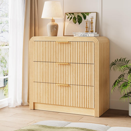 Fluted 3 Drawer Dresser, 31.8'' Tall Dresser for Bedroom, Modern Wood Chest of Drawers with Round Edge & Metal Handle, Large Nightstand with 3 Drawers for Living Room, Hallway, Entryway (Natural Oak) Decofy