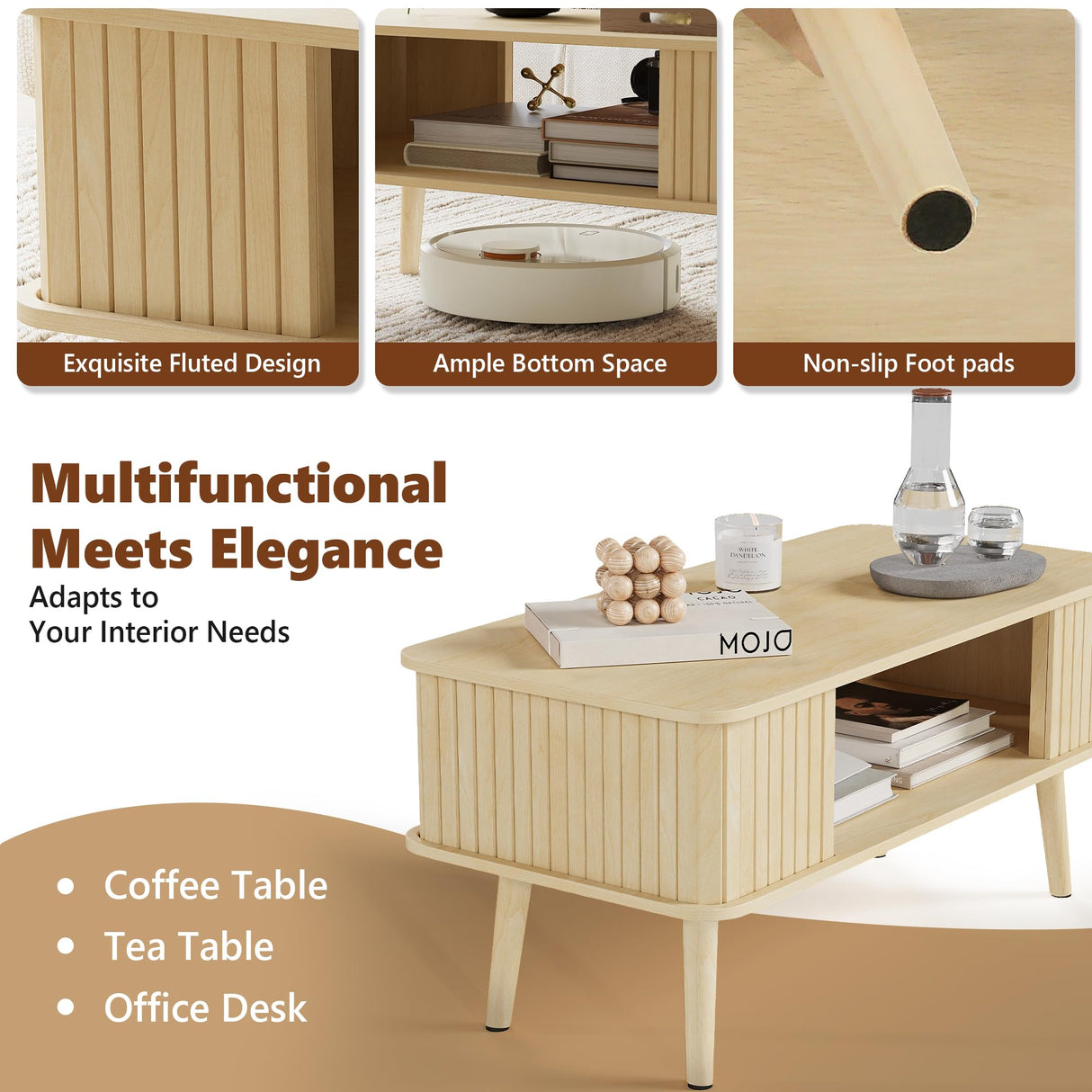 LAZZO Coffee Table with Storage Center Table for Living Room Rectangle Coffee Table with Rounded Edges,Easy Assembly, Natural Wood LAZZO