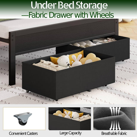 Furnulem Full Size Bed Frame with Charging Station and LED Lights, Grey Upholstered Headboard with Shelves, Metal Platform Bed with 2 Under-Bed Storage (Fabric Drawer on Wheels), No Box Spring Needed Furnulem