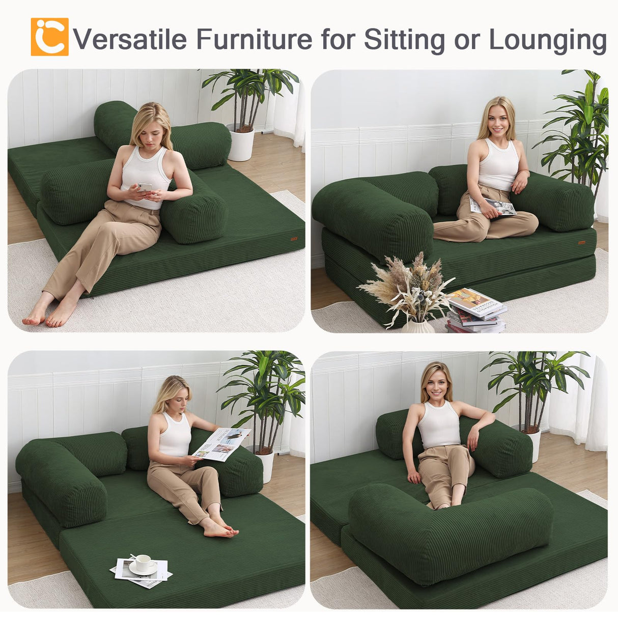 COMAX Futon Sofa Bed, 4-in-1 Floor Foldable Sofa Couch Bed Queen with L-Shaped Armrests, Convertible Folding Chair Bed Sleeper Mattress Fold Out Comfy Lounge for Living Room Bedroom, Green COMAX