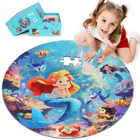 DIGOBAY Floor Puzzles for Kids Ages 3-5, 70 Pieces Mermaid Jigsaw Puzzle for Toddler Girls Ages 3 4 5 6 7 8 Year Old, Large Round Underwater Princess Puzzle Educational Learning Toys Birthday Gift DIGOBAY