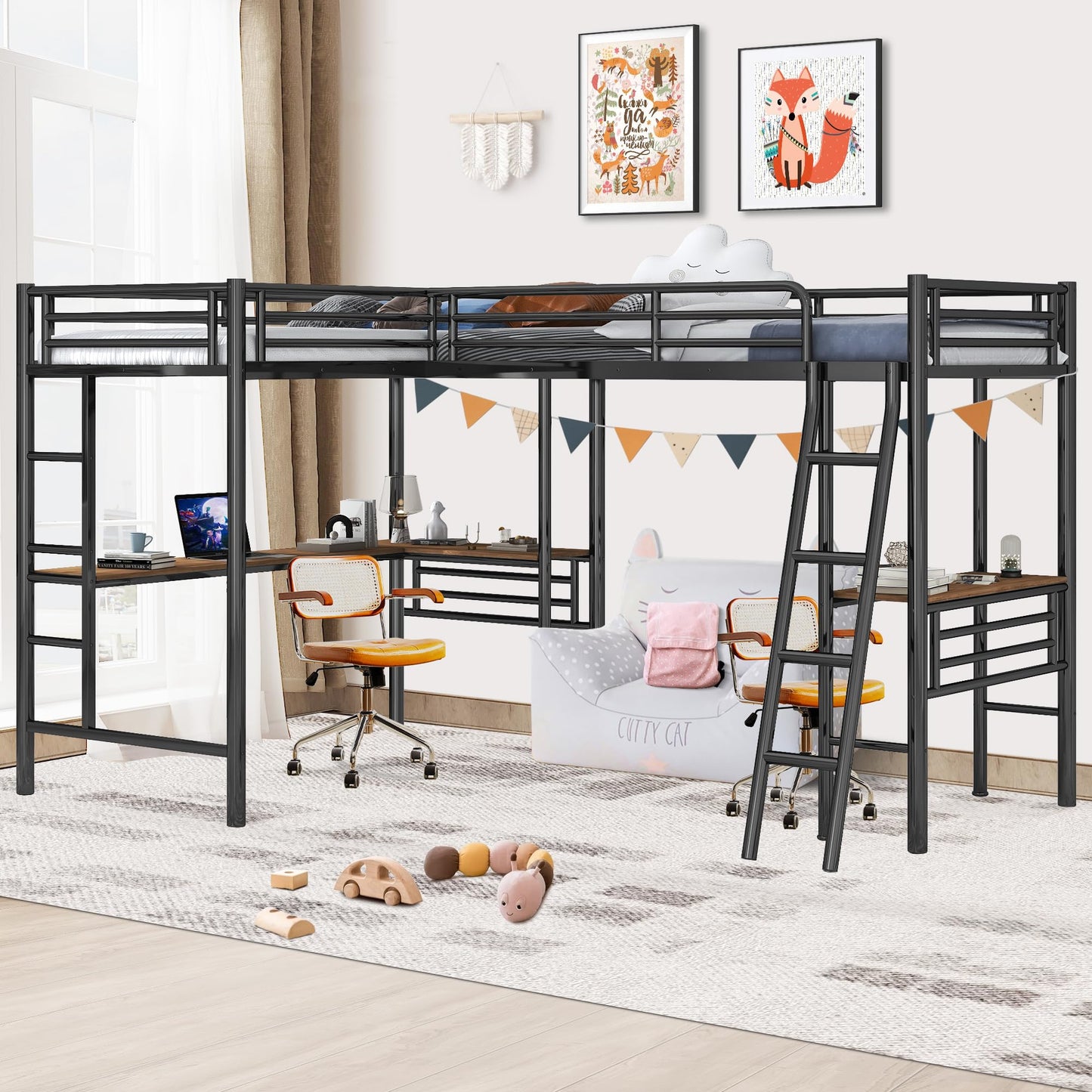 INCLAKE L-Shaped Twin Loft Bed with Dual Desks, Heavy-Duty Metal Frame, Safety Guard Rails, Black - WoodArtSupply