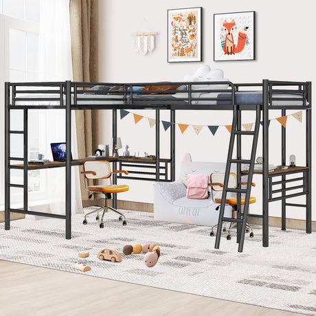 INCLAKE L-Shaped Twin Loft Bed with Dual Desks, Heavy-Duty Metal Frame, Safety Guard Rails, Black INCLAKE