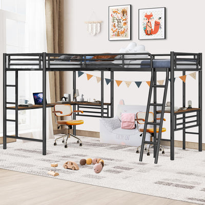 INCLAKE L-Shaped Twin Loft Bed with Dual Desks, Heavy-Duty Metal Frame, Safety Guard Rails, Black