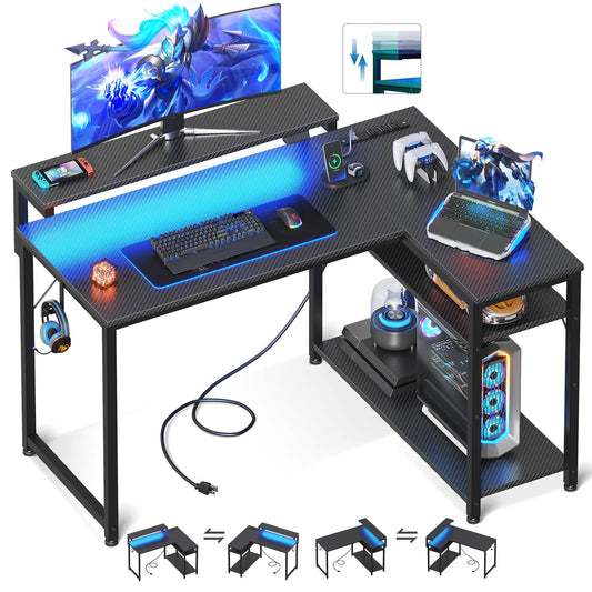 MOTPK L Shaped Gaming Desk with Power Outlet, Reversible Gaming Desk with Height Adjustable Monitor Stand, Gaming Computer Desk 43inch with LED Lights, Home Office Desk, Black - WoodArtSupply