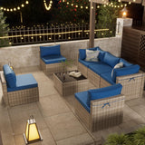 RESOM 7-Piece Gray Rattan Patio Furniture Sets, Outdoor Conversation Sofa Sets with Water Resistant Blue Cushions & Tempered Glass Coffee Table, Modular Outdoor Sectional Sofa Sets with 2 Pillows RESOM