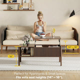 Fluted Lift Top Coffee Table for Living Room, Small Coffee Table with Storage Hydraulic Lift Large Capacity, Sturdy Legs Safe Round Corner, Easy Assembly for Small Spaces, Vertical Grain-Brown RUMBALUXY