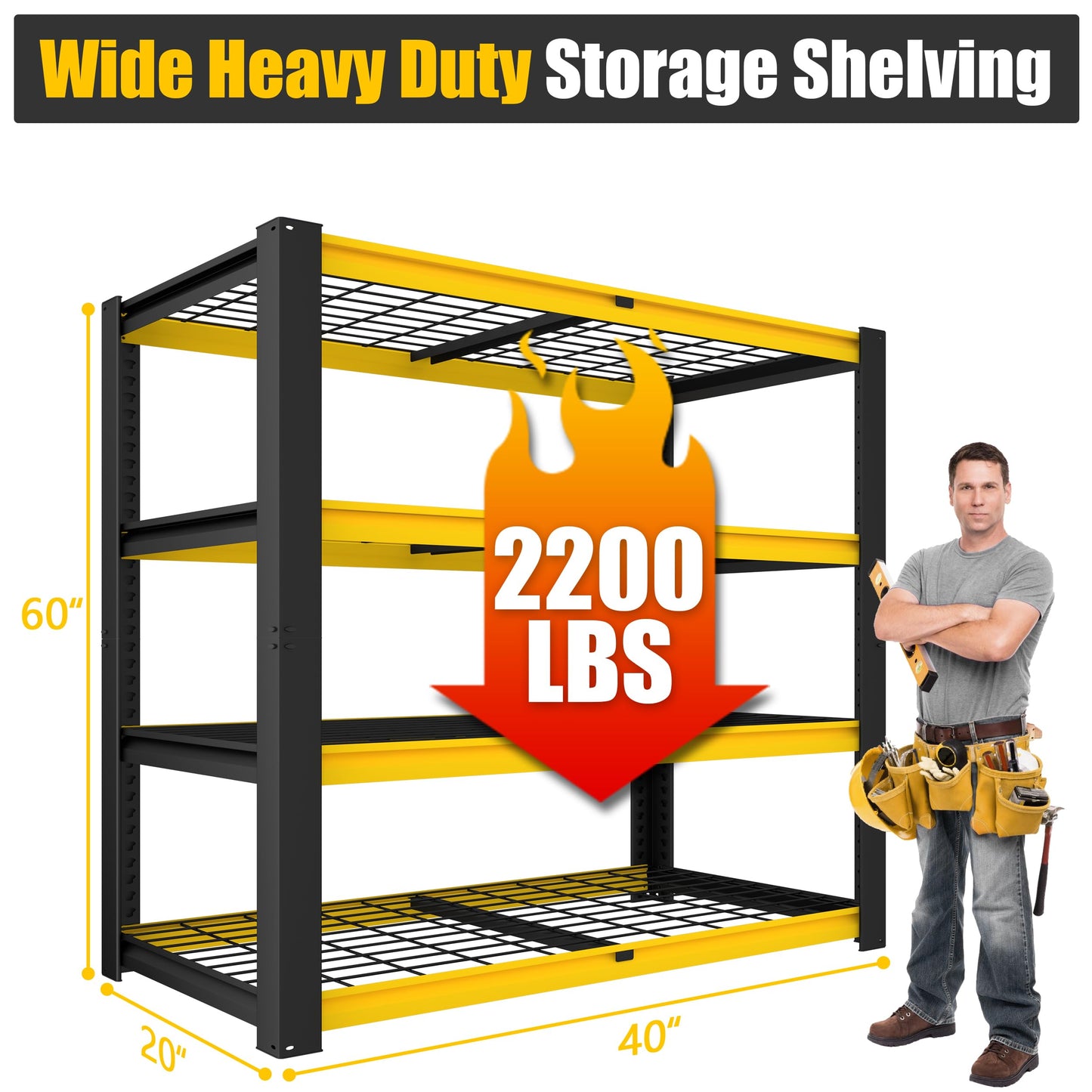 PrimeZone Heavy Duty Storage Shelves - 40" W X 20" D X 60" H Adjustable Garage Wire Shelving Unit, 4 Tier Industrial Metal Shelf Standing Utility Rack for Warehouse, Basement, Black & Gold, 2 Pack