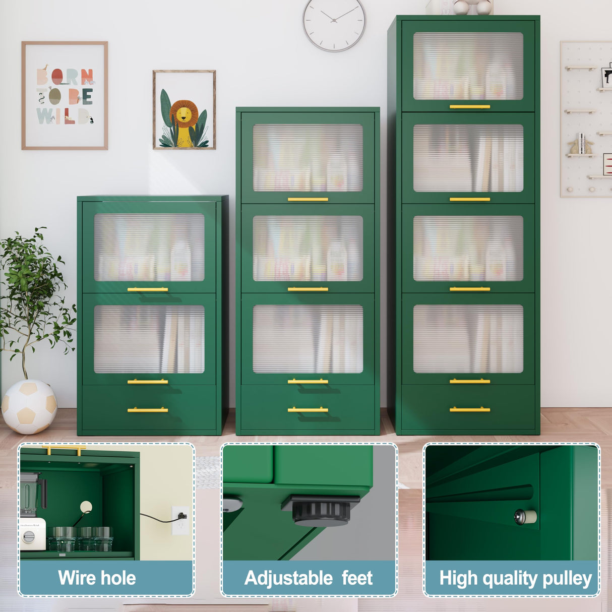 winiowa Green Metal 5-Tier Kitchen Storage Cabinet, 63" Tall Pantry Microwave Stand with Flip-up Acrylic Glass Doors, Freestanding Bakers Rack with Drawer for Kitchen, Dining/Living Room winiowa