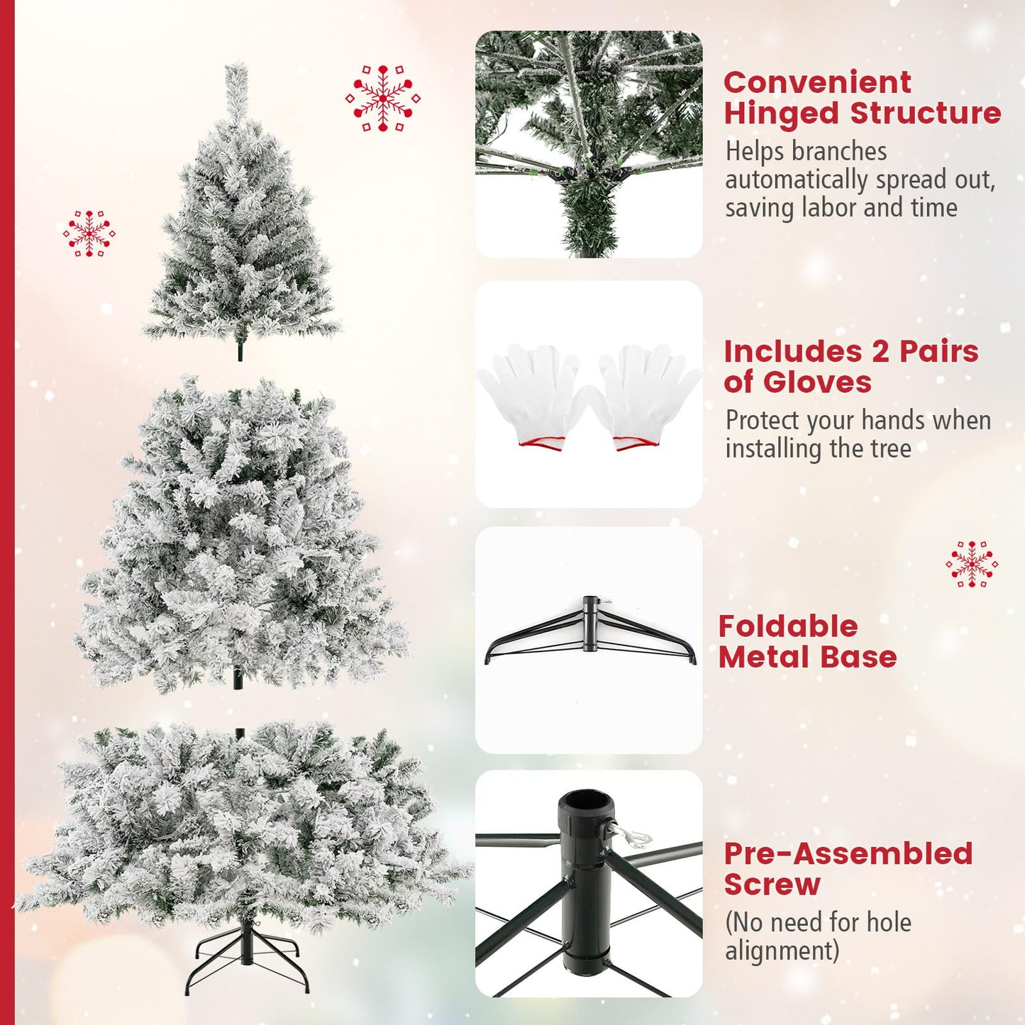 Goplus 3-Minute-Setup Pre-Lit Snow Flocked Christmas Tree, 8ft Artificial Hinged Xmas Tree with 600 Warm-White LED Lights, 1370 Branch Tips, Upgraded Metal Stand, for Office Home Holiday Decor