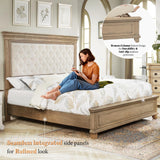 AMERLIFE 68.1" H King Size Bed Frame with Upholstered Headboard, Solid Wood Farmhouse Platform Bed, Architectural Design, No Box Spring Needed, Light Oak AMERLIFE