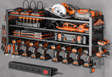 Heavy Duty Power Tool Organizer Wall Mount with Charging Station, Large Garage Organization with 10 cordless Drill Holder, 4 Layers Tool Organizers and Storage, Tool Rack with 6 Power Strip, Black Shomextol