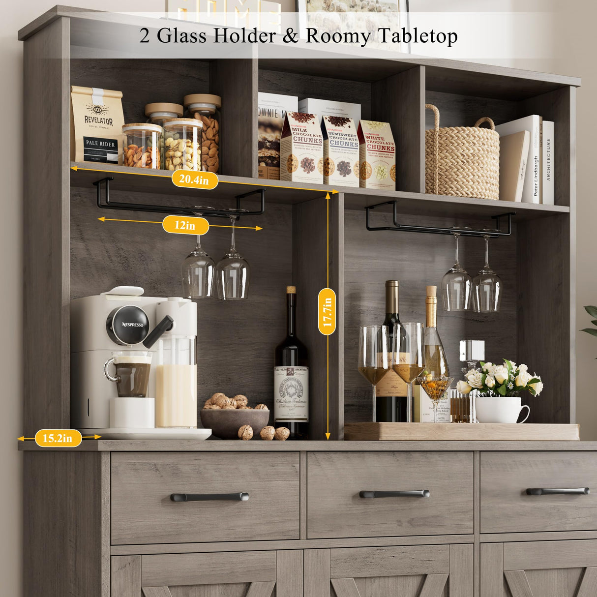 HOSTACK Buffet Cabinet with Hutch, Modern Farmhouse Kitchen Buffet Sideboard Storage Cabinet with 3 Drawers, Barn Door Coffee Bar Station, Liquor Cabinet for Dining Room, Living Room, Ash Grey HOSTACK