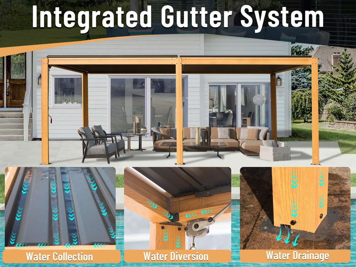 Domi Louvered Pergola 10X20FT, Wood Grain Aluminum Pergola with Adjustable Roof, Wood Looking Aluminum Frame, Efficient Drainage System, Outdoor Pergola for Patio, Deck, Garden domi outdoor living