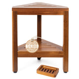 Teak Corner Shower Bench with Matching Soap Holder - Sturdy Waterproof Bathroom Stool Chair with Storage Shelf for Bathing Supplies - Bath Seat and Foot Rest for Shaving Legs - 15" x 15" x 18" Wooden Whimsy