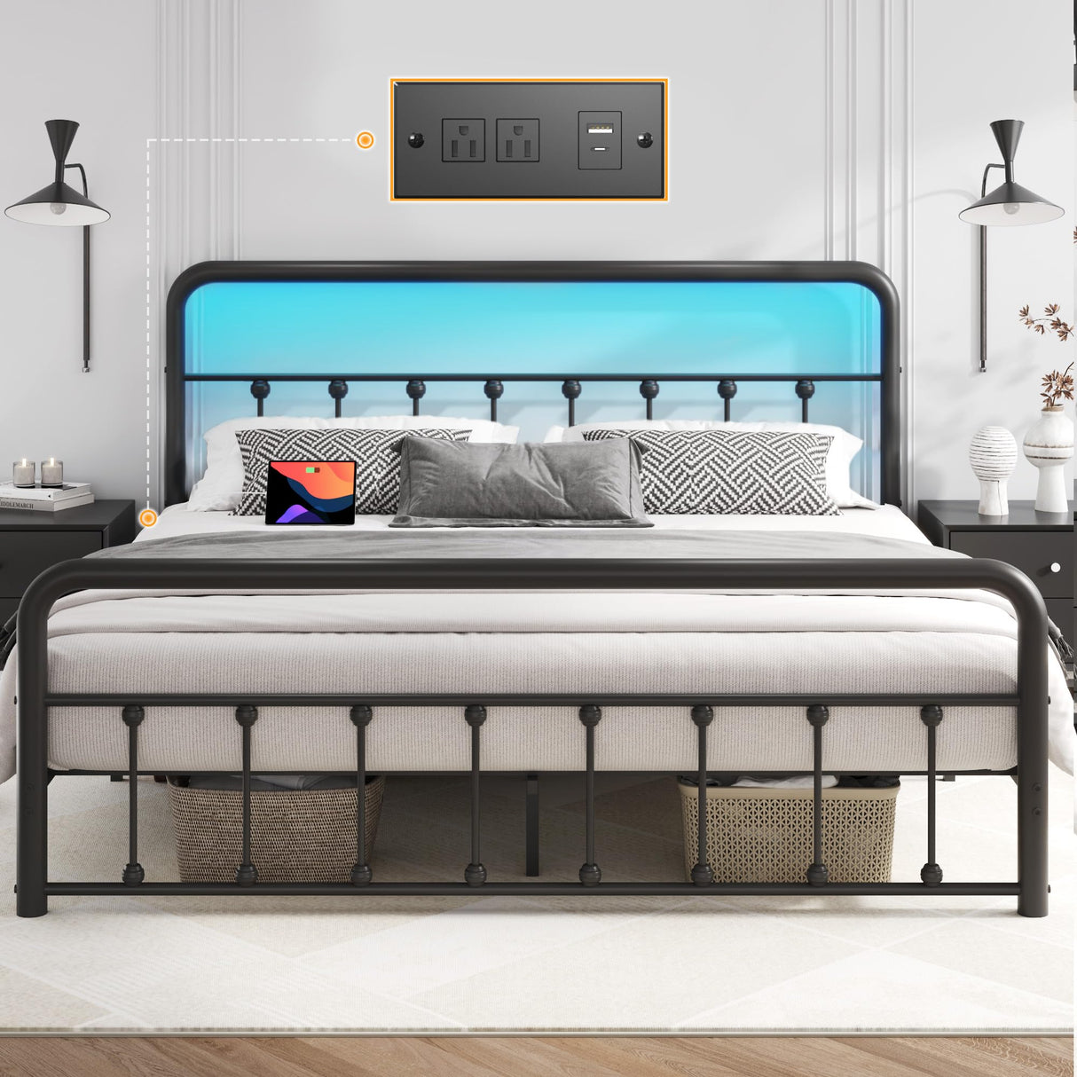 Fluest Queen Bed Frame Classic Metal Platform Bed Frame with Charging Station & LED, Victorian Style Iron-Art Headboard/Footboard, Under Bed Storage, No Box Spring Needed, Noise Free, Black Fluest
