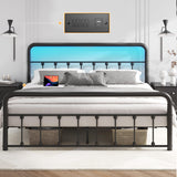 Fluest Queen Bed Frame Classic Metal Platform Bed Frame with Charging Station & LED, Victorian Style Iron-Art Headboard/Footboard, Under Bed Storage, No Box Spring Needed, Noise Free, Black Fluest