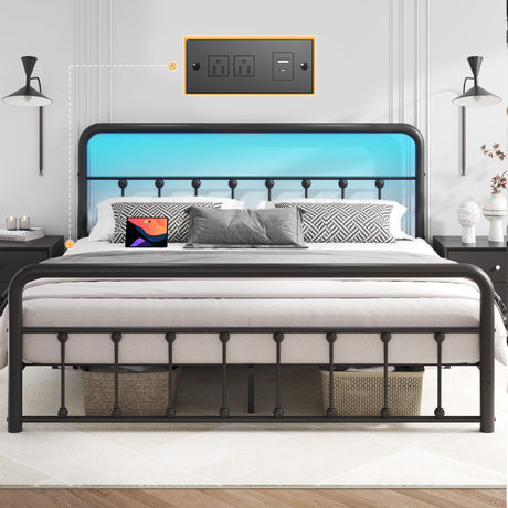 Fluest Queen Bed Frame Classic Metal Platform Bed Frame with Charging Station & LED, Victorian Style Iron-Art Headboard/Footboard, Under Bed Storage, No Box Spring Needed, Noise Free, Black Fluest