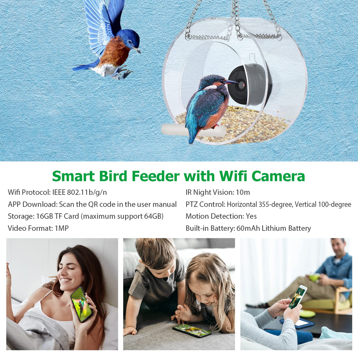 Clear Window Bird Feeder with Wifi Camera Suction Cup, Smart Transparent Round Birdfeeder with 16GB TF Card Photo Taking Video Recording IR Night Vision, Outside Birdhouse for Close Up View Outdoors Irfora