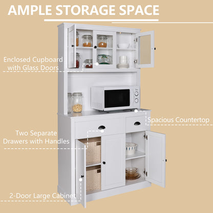 VEIKOU Kitchen Pantry Cabinet Buffet Hutch, 71" Freestanding Pantry Cabinet with 2 Adjustable Shelves & Glass Doors, Tall Pantry Cabinet with Large Countertop, White - WoodArtSupply