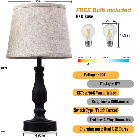 EJIAXIN Table Lamps Set of 2, Bedside Nightstand Lamps with USB Charging Ports, 3 Way Dimmable Touch with Linen Fabric Lampshade, Modern Small Lamp for Bedrooms, Living Room (Bulbs Included) EJIAXIN