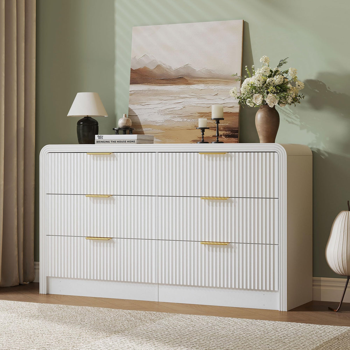 Decofy Fluted 6 Drawers Dresser for Bedroom, 55 Inch Wood Dressers with Gold Handles, Modern Dressers with Wave Texture, Large Storage Chest of Drawers, Bedroom Dresser Organizer (Pure White) Decofy