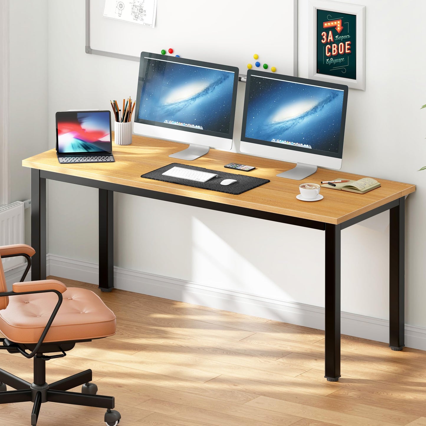 DlandHome 63 inches X-Large Computer Desk, Composite Wood Board, Decent and Steady Home Office Desk/Workstation/Table, BS1-160TB Teak and Black Legs, 1 Pack