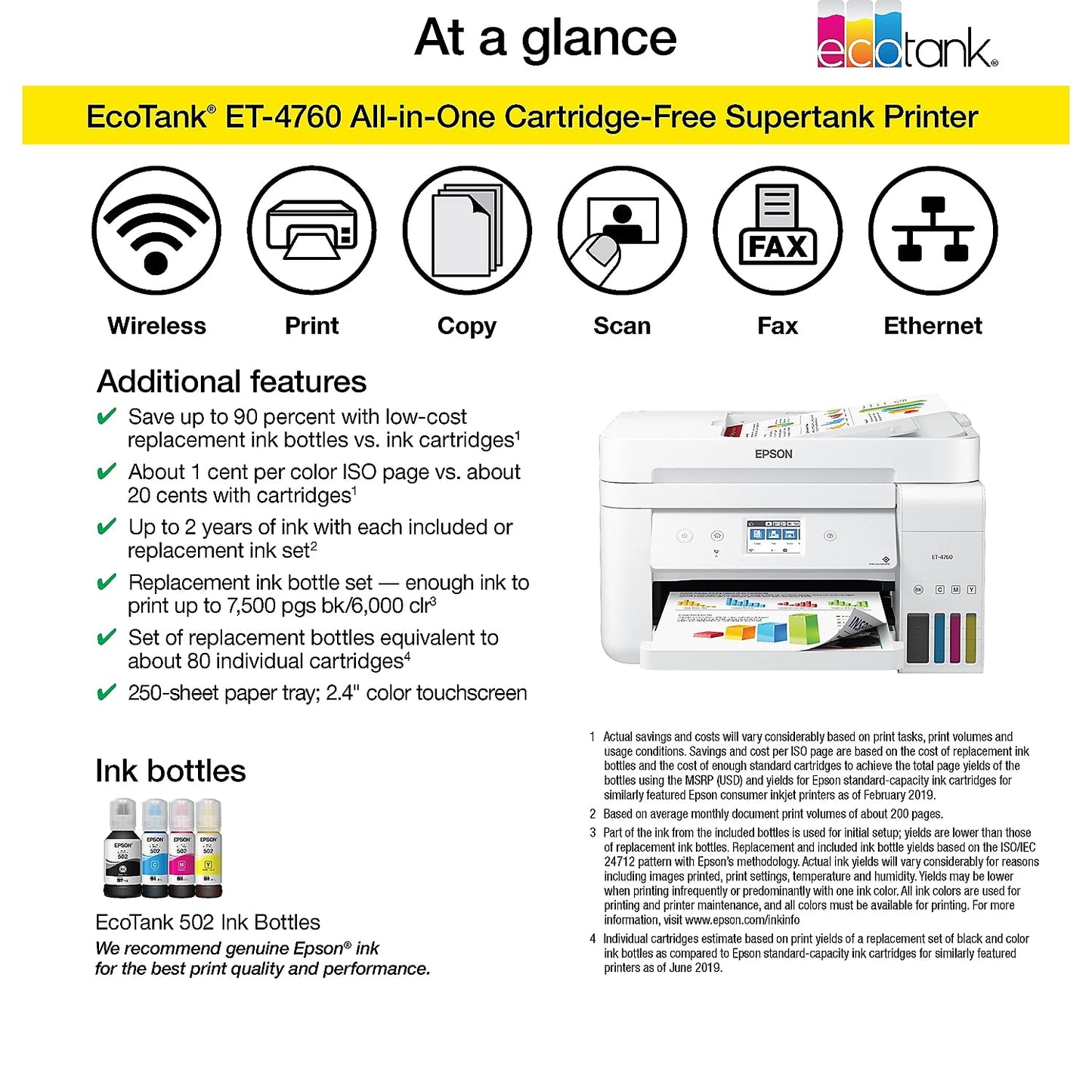 Epson EcoTank ET-4760 Wireless Color All-in-One Cartridge-Free Supertank Printer with Scanner, Copier, Fax, ADF and Ethernet - White