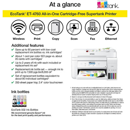 Epson EcoTank ET-4760 Wireless Color All-in-One Cartridge-Free Supertank Printer with Scanner, Copier, Fax, ADF and Ethernet - White