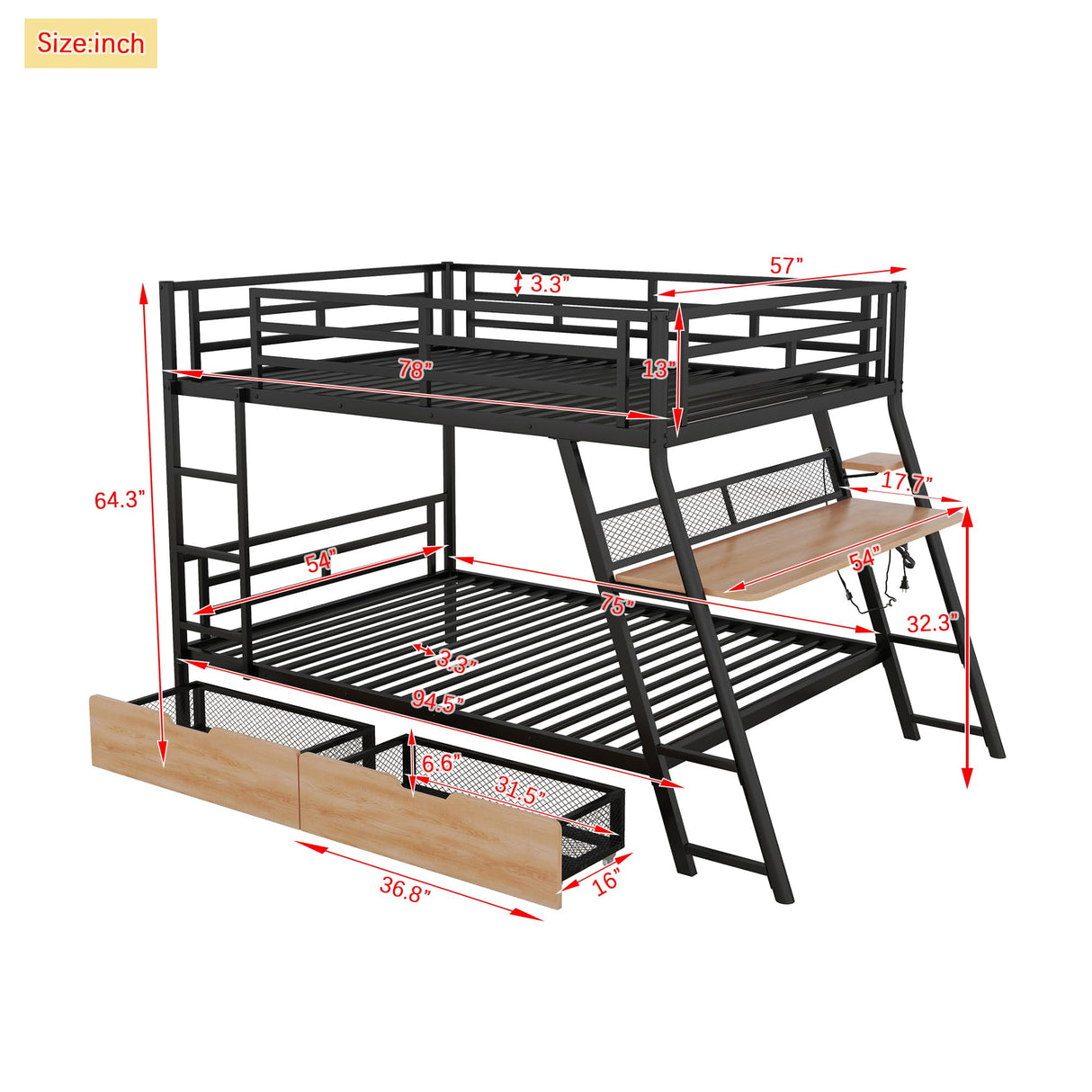 RuiSiSi Metal Bunk Bed with Desk and 2 Drawers, Full Over Full Gaming Bunk Bed with LED Light, No Box Spring Needed RuiSiSi