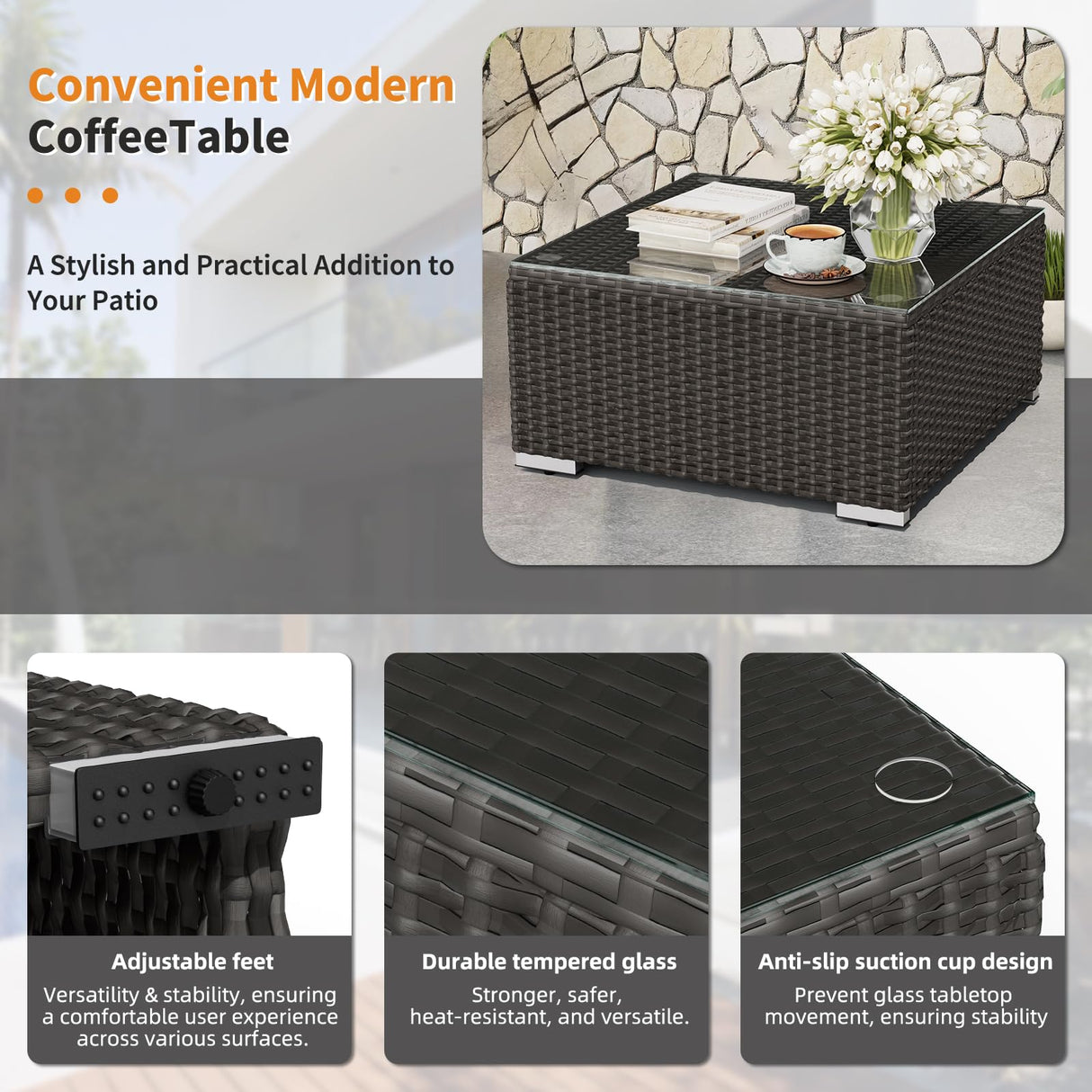 Oakcloud 7-Piece Outdoor Black Rattan Wicker Sectional Conversation Sets Patio Furniture Sofa Set with Cushions and Glass Top Table(Grey) Oakcloud