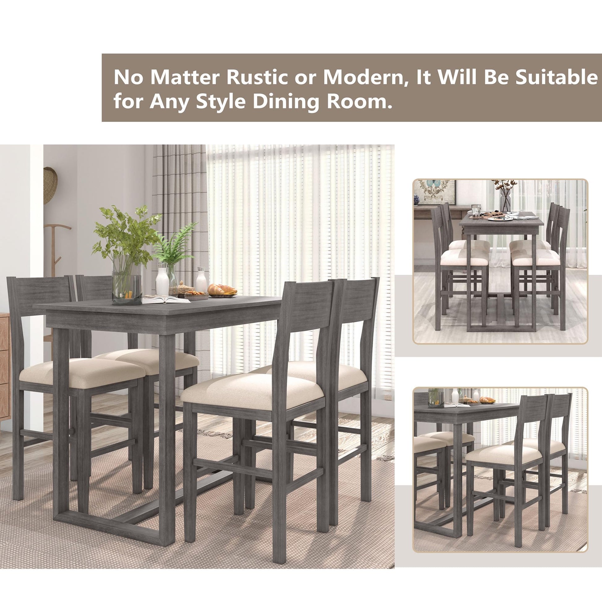 LUMISOL 5-Piece Grey Farmhouse Counter Height Dining Set with Upholstered Chairs - WoodArtSupply