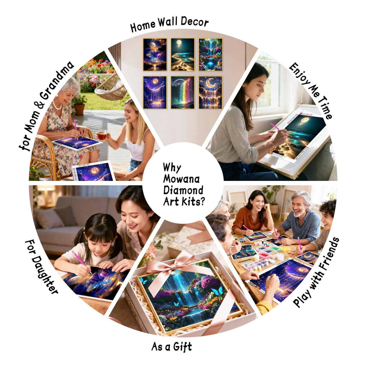 Mowana Diamond Art Kits for Adults - Moon Landscape Diamond Painting Kits for Beginners, Moonlight Beach 5D DIY Round Drill Rhinestone Gem Art Painting for Home Wall Decor and Gifts 6Pack 12x16inch Mowana