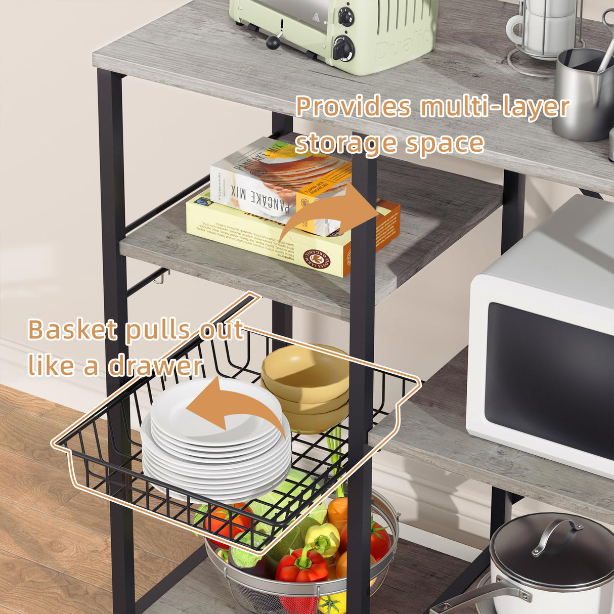 Shintenchi Kitchen Bakers Rack with Power Outlet, Multifunctional Organizer & Storage with 6 Hooks, Microwave Oven Stand, and Coffee Station Shelf, Grey Shintenchi