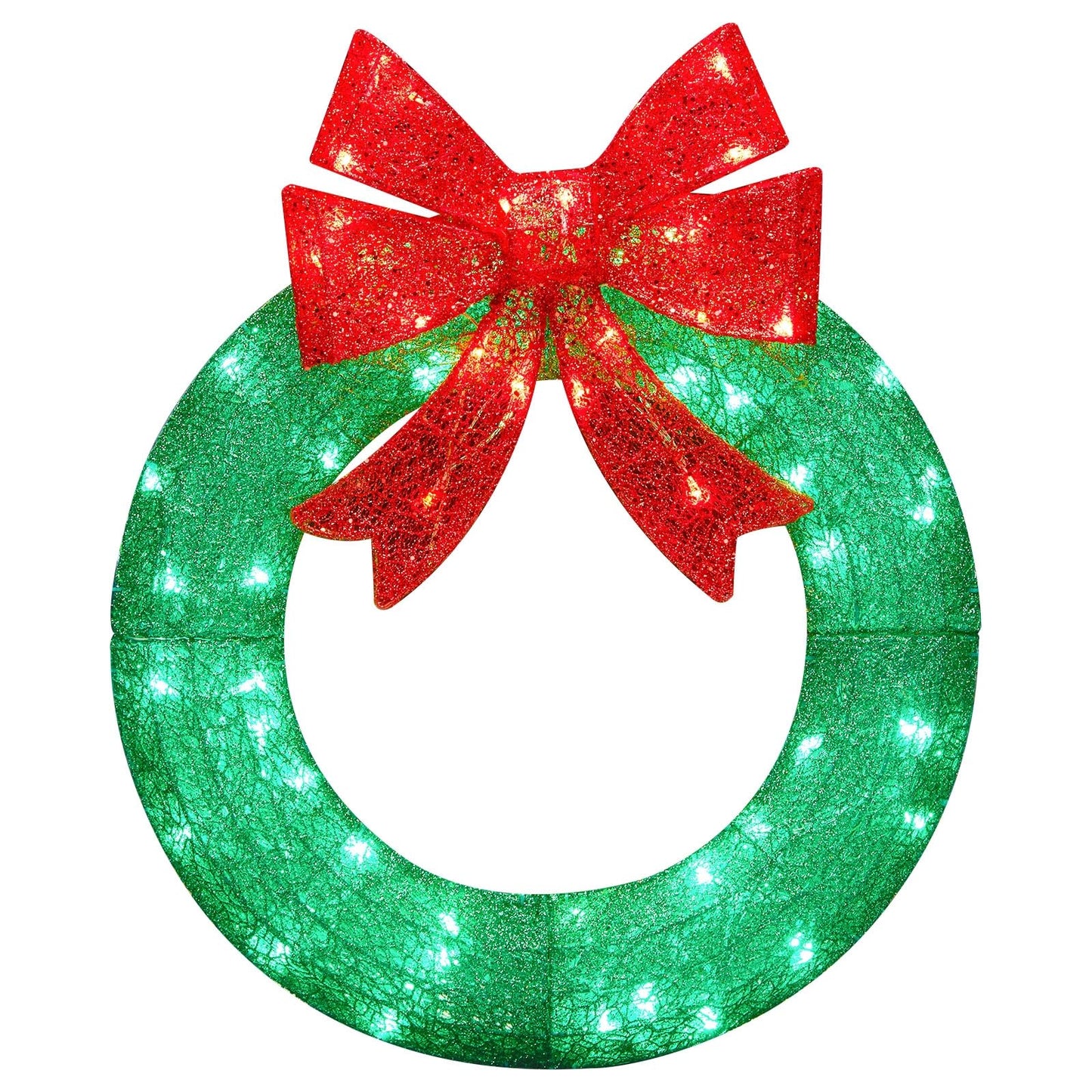 Brightown 24in Lighted Christmas Wreath Decorations, Outdoor Christmas Wreaths Holiday Decor with Bow Ribbon 60 LED Lights for Front Door Windows, Xmas Gifts, Party Supplies, Home, Patio Lawn, Garden