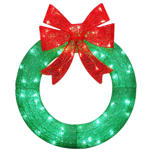 Brightown 24in Lighted Christmas Wreath Decorations, Outdoor Christmas Wreaths Holiday Decor with Bow Ribbon 60 LED Lights for Front Door Windows, Xmas Gifts, Party Supplies, Home, Patio Lawn, Garden