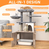 HavenlyYouth Litter Box Enclosure with Cat Tree,Cat Tree with Litter Box Enclosure,Hidden Pet Washroom Furniture with Sisal Scratching Post,Hammocks,Condo,Multiple Platform,Soft Plush Perch, Grey HavenlyYouth