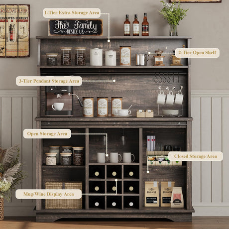 47" Farmhouse Coffee Bar with 3-Tier Storage, Kitchen Hutch with 12 Wine Racks & 3 Glass Holders, Coffee Hutch Cabinet with 6 Hooks, Wine Bar Cabinet for Kitchen, Dining Room, Living Room, Rustic Oak REVOMINCA